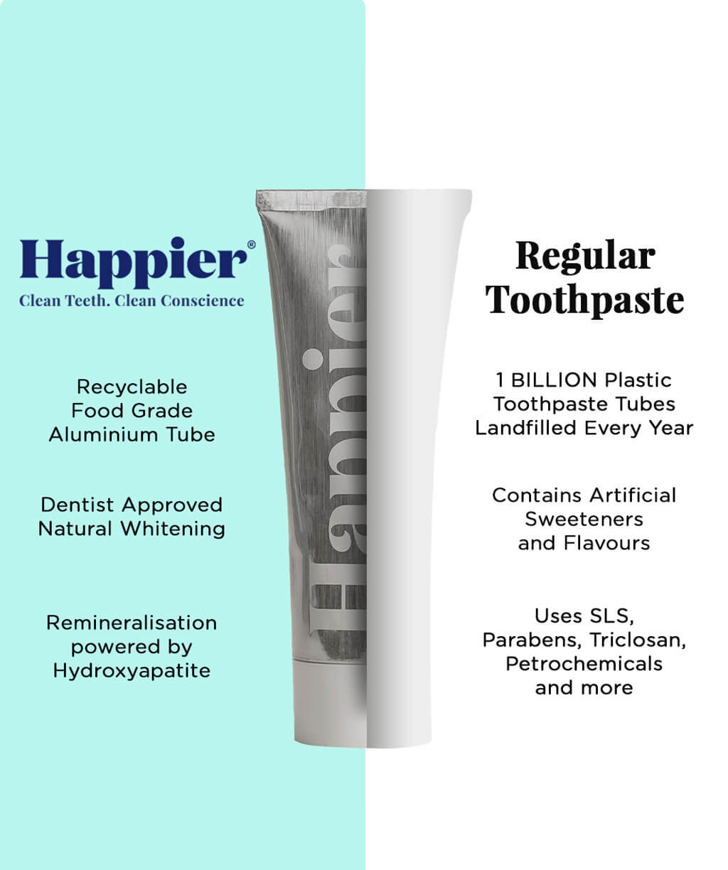 Happier toothpaste vs regular toothpaste: a comparison of two toothpaste tubes side by side.