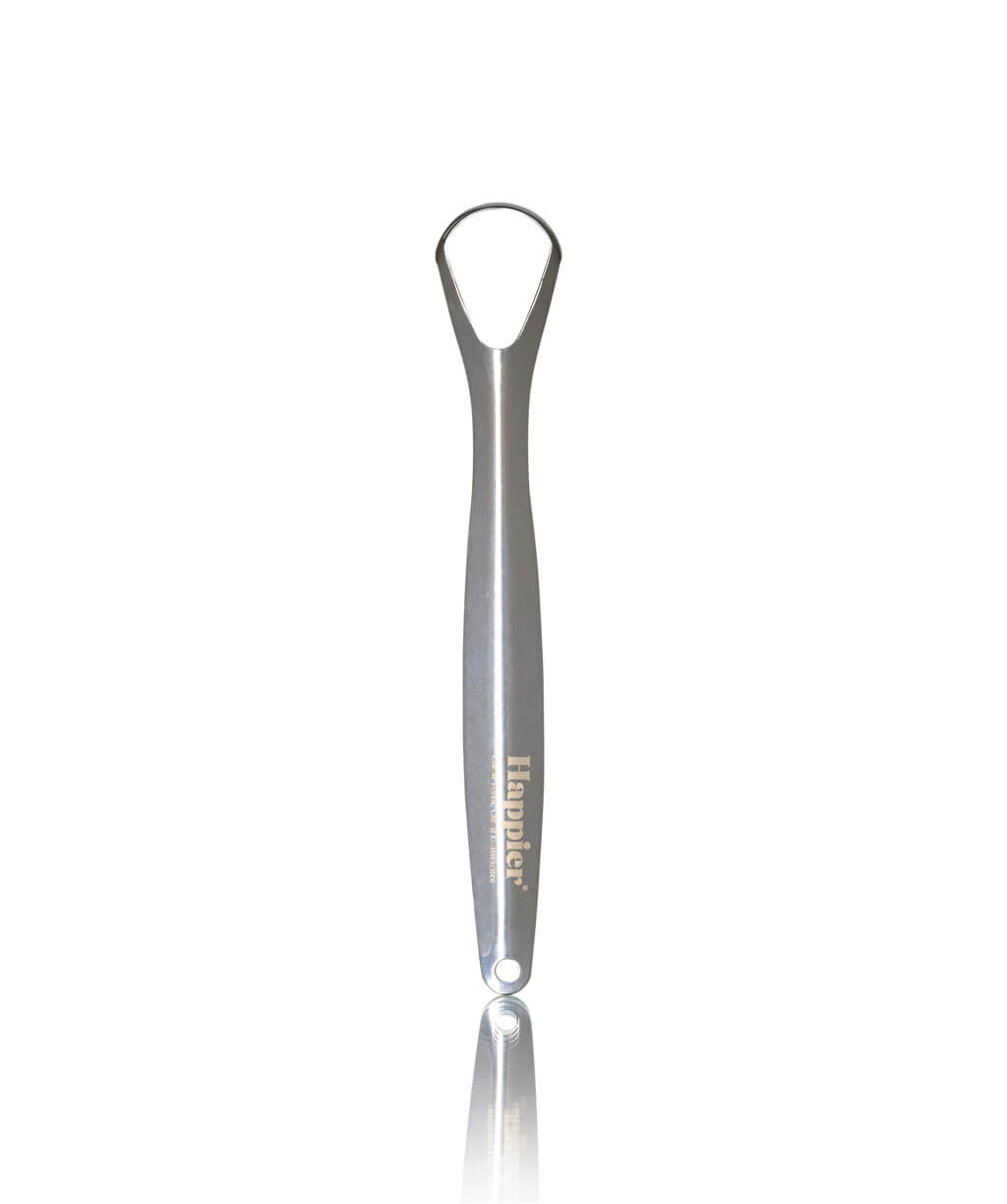 Happier stainless steel ergonomic tongue cleaner.